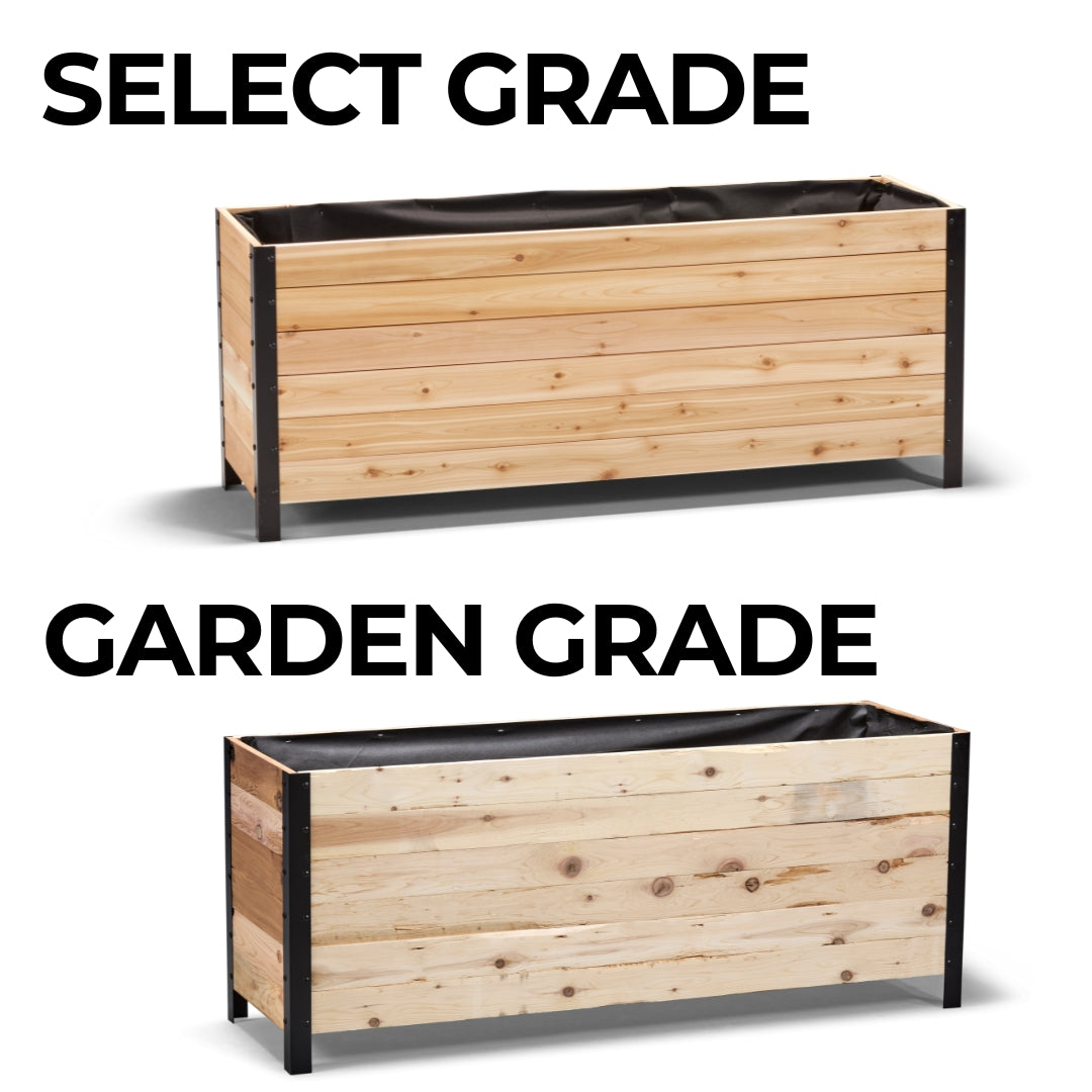 Two wooden planters with black metal frames on a white background, labeled 'Select Grade' and 'Garden Grade'.