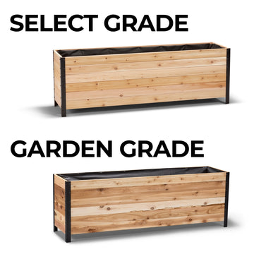 Two wooden planters labeled 'Select Grade' and 'Garden Grade' on a white background.