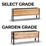 Two wooden planters with metal frames on a white background, labeled 'Select Grade' and 'Garden Grade'.