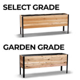 Two wooden planters with metal frames on a white background, labeled 'Select Grade' and 'Garden Grade'.