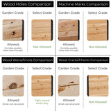 Comparison chart of wood holes, machine marks, wood wane/knots, and wood cracks/checks for rustic and signature finishes.
